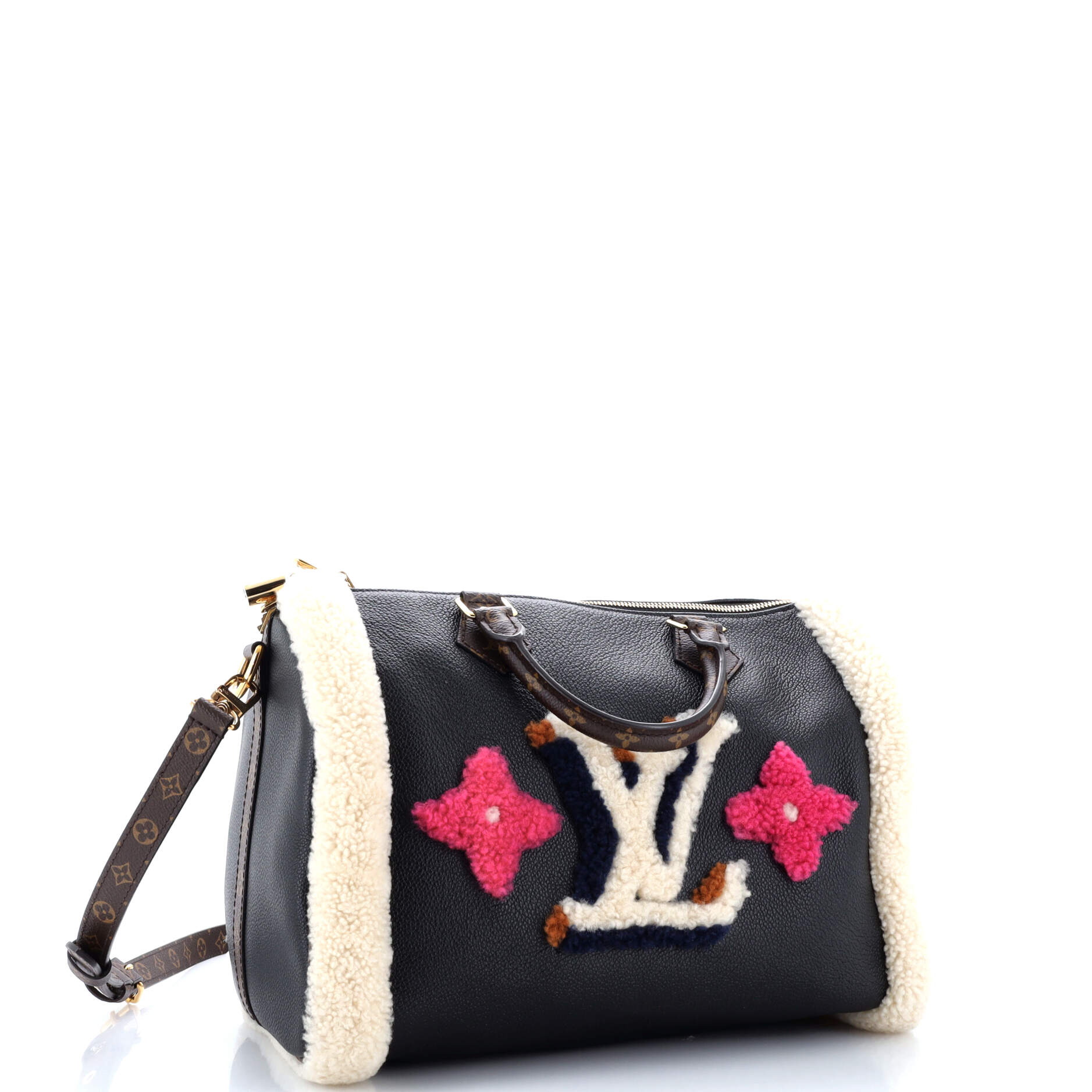 Louis Vuitton Speedy Bandouliere Bag Leather and Monogram Teddy Shearling 30