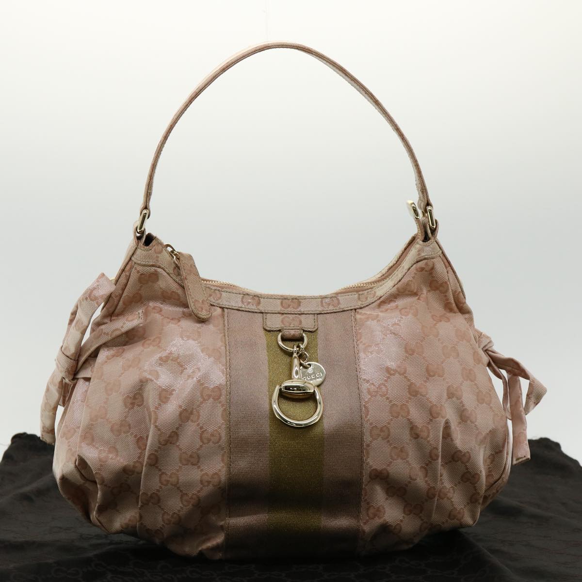 GUCCI GG Crystal Sherry Line Horse Bit Shoulder Bag Pink Gold 30337