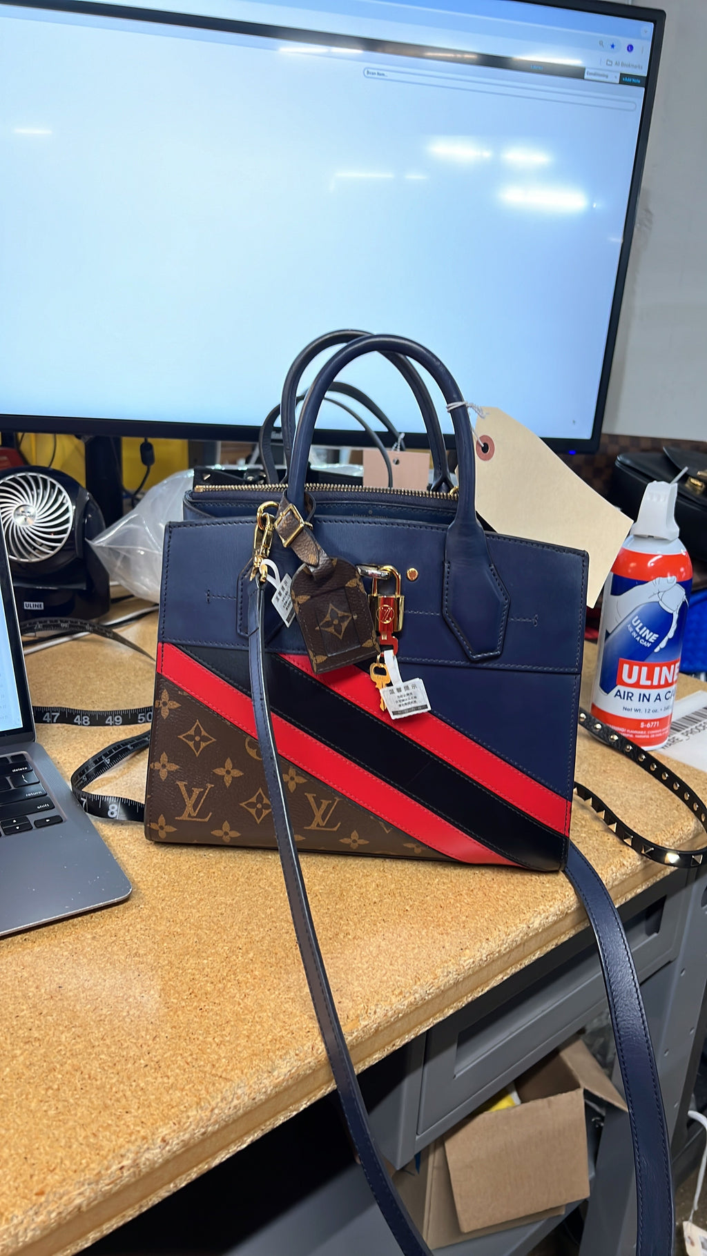 Louis Vuitton City Steamer Handbag Limited Edition Striped Leather with Monogram Canvas PM