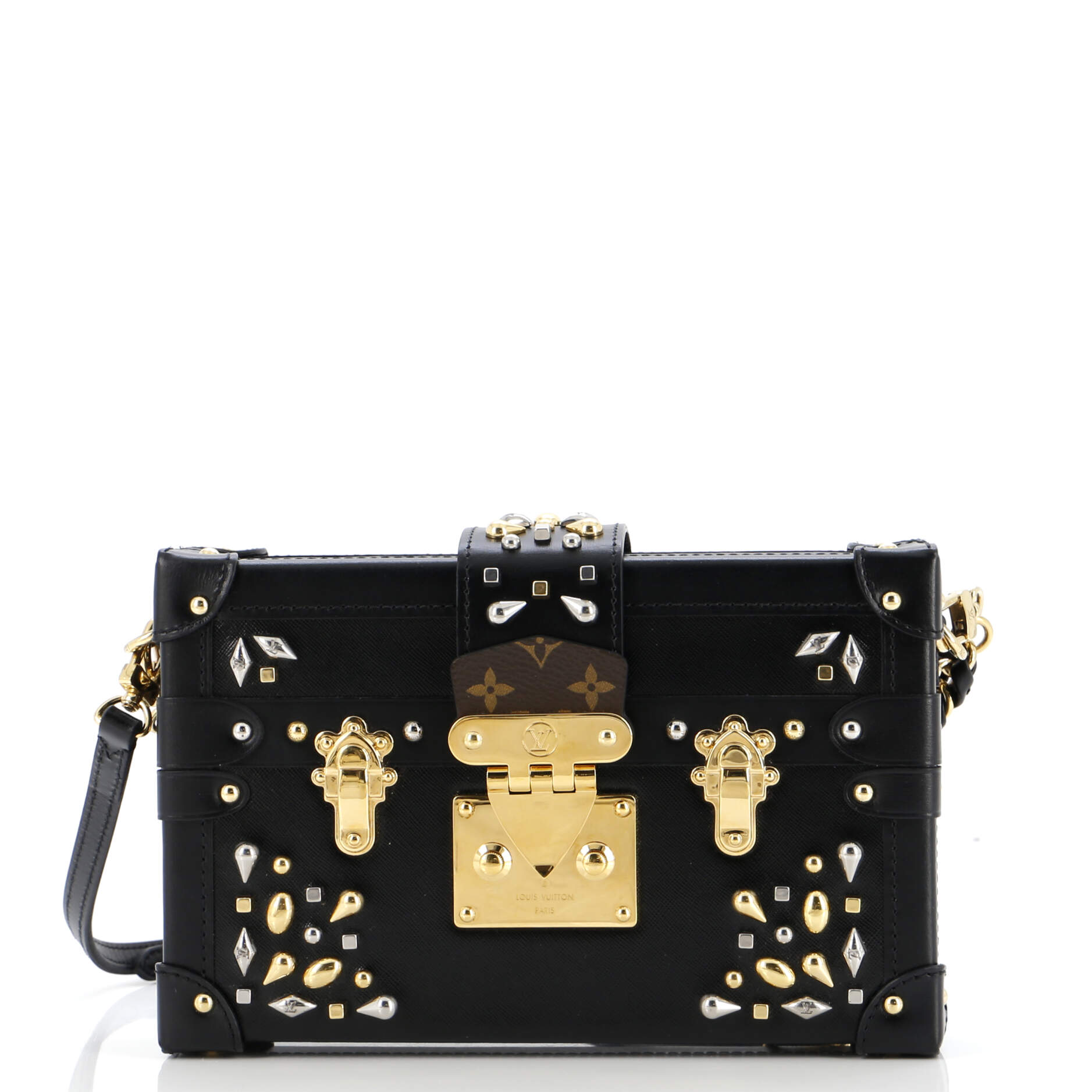 Louis Vuitton Petite Malle Handbag Studded Taiga Leather and Monogram Canvas