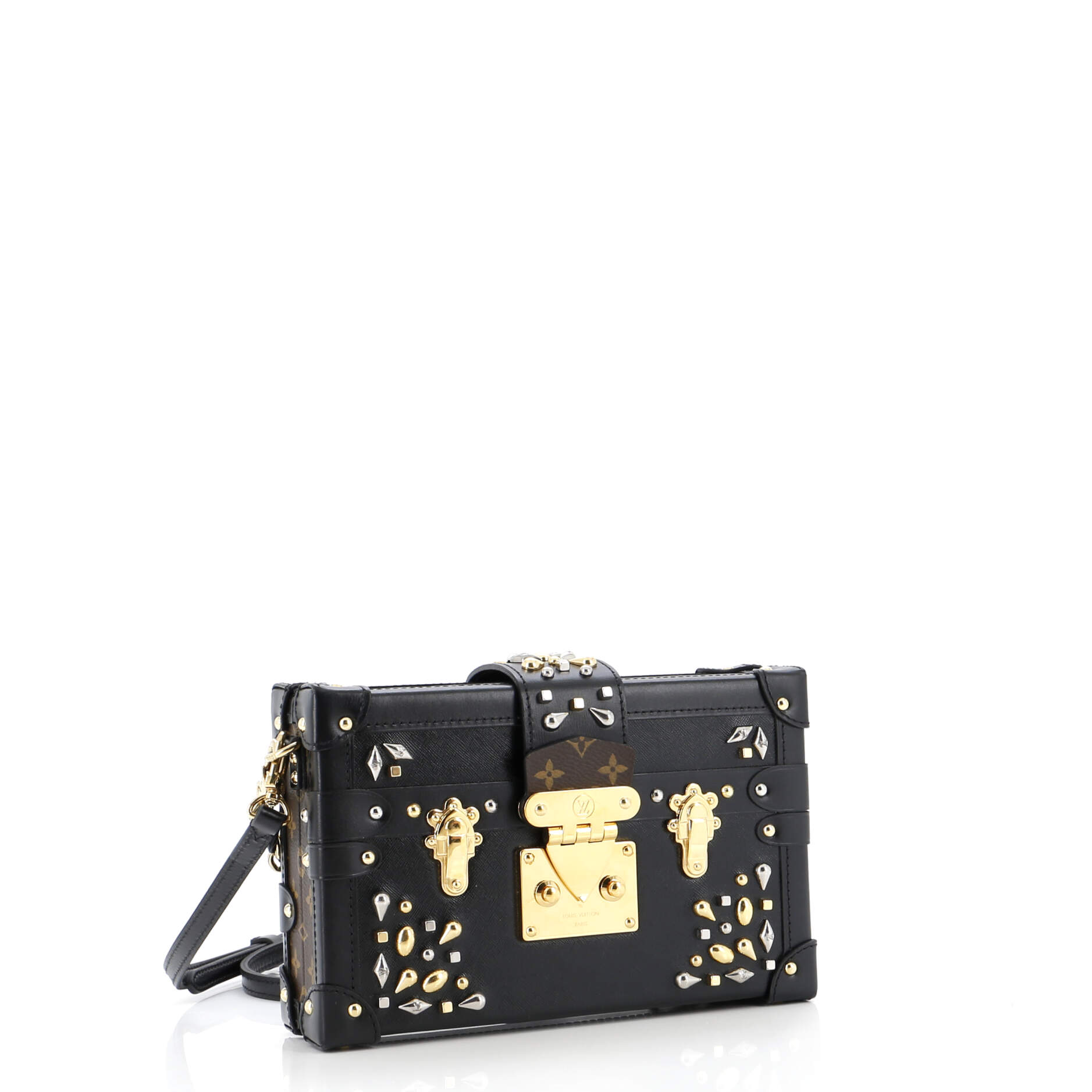 Louis Vuitton Petite Malle Handbag Studded Taiga Leather and Monogram Canvas