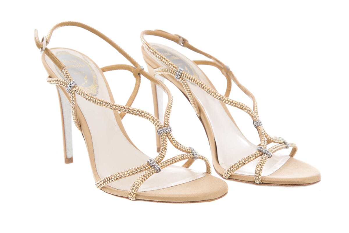 Rene Caovilla Gold Studded Open Toe Heels SZ 37