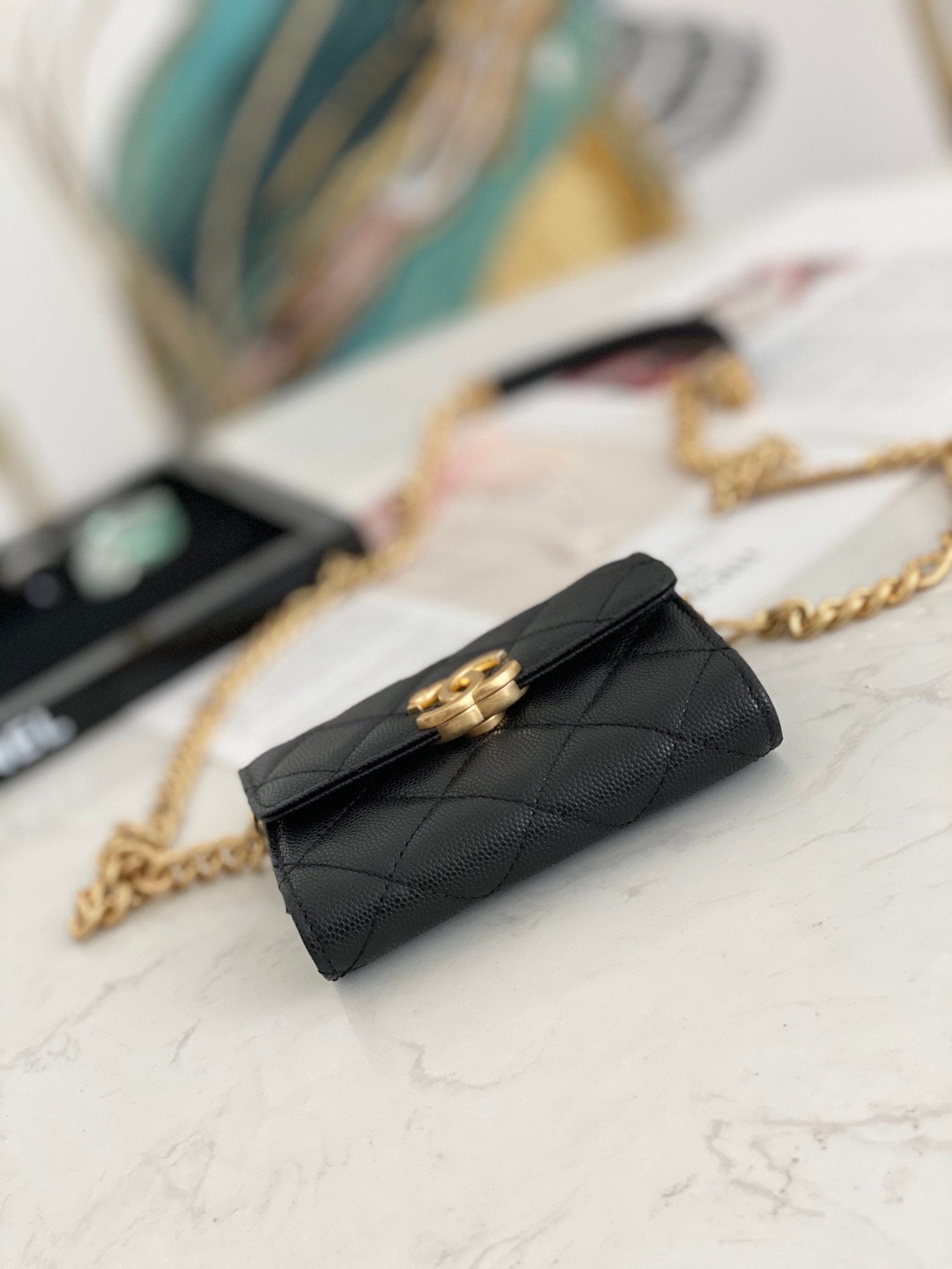 CHLMini GlamIap Bag Gold Toned Hardware Black For Women 4.7in/12cm