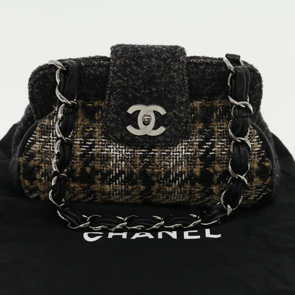 CHANEL Turn Lock Chain Shoulder Bag Wool Gray CC 30734A