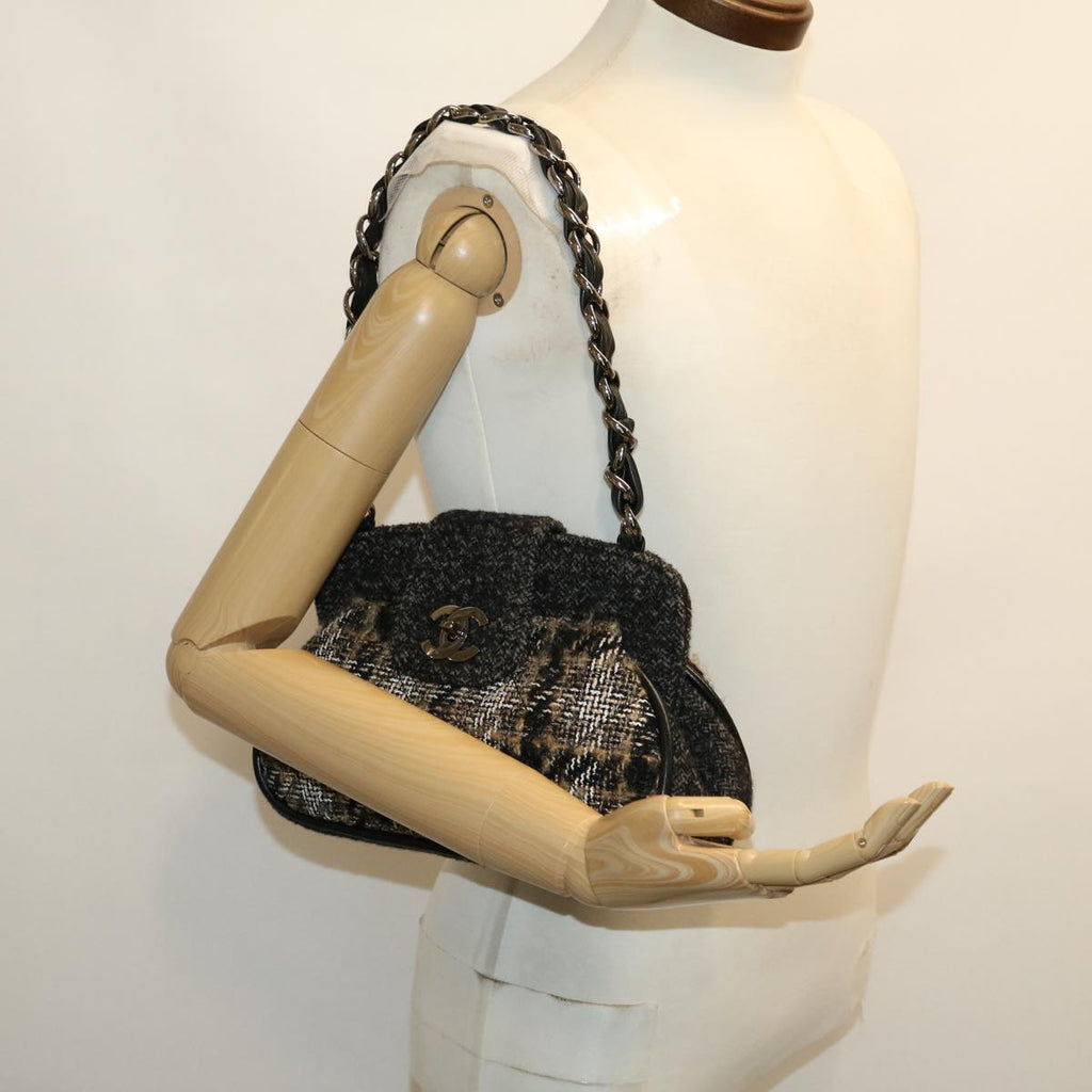 CHANEL Turn Lock Chain Shoulder Bag Wool Gray CC 30734A