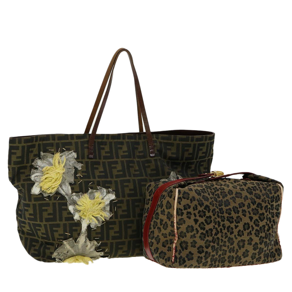 FENDI Zucca Canvas Leopard Flower Tote Bag Hand Bag 2Set Brown Red 30898