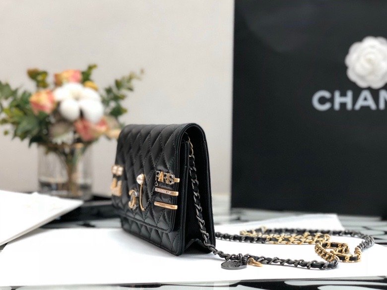 CHL Flap Bag Gold Toned Hardware Black For Women 7.4in/19cm