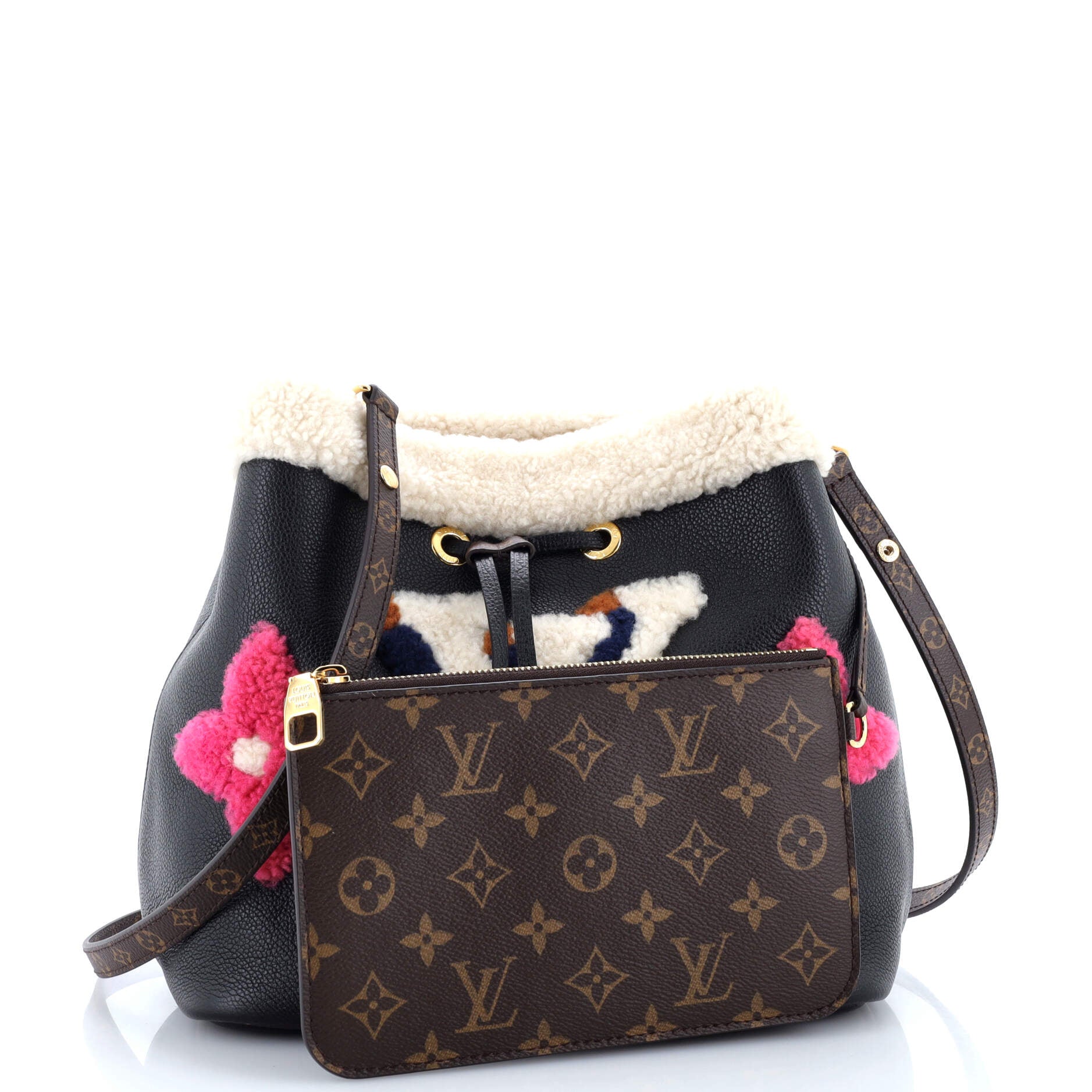 Louis Vuitton NeoNoe Handbag Leather and Monogram Teddy Shearling MM