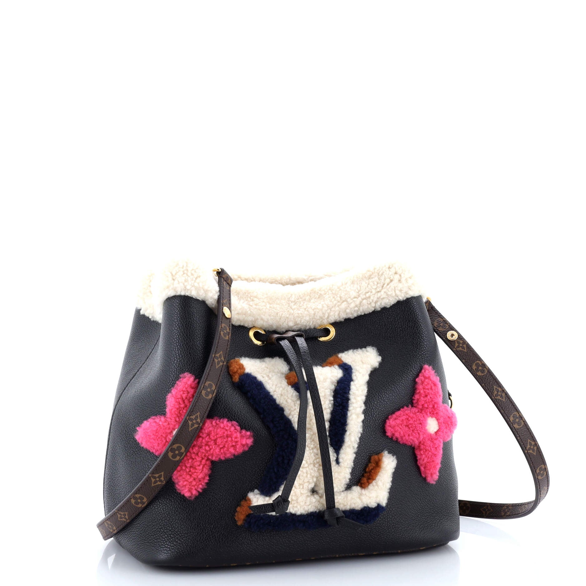 Louis Vuitton NeoNoe Handbag Leather and Monogram Teddy Shearling MM
