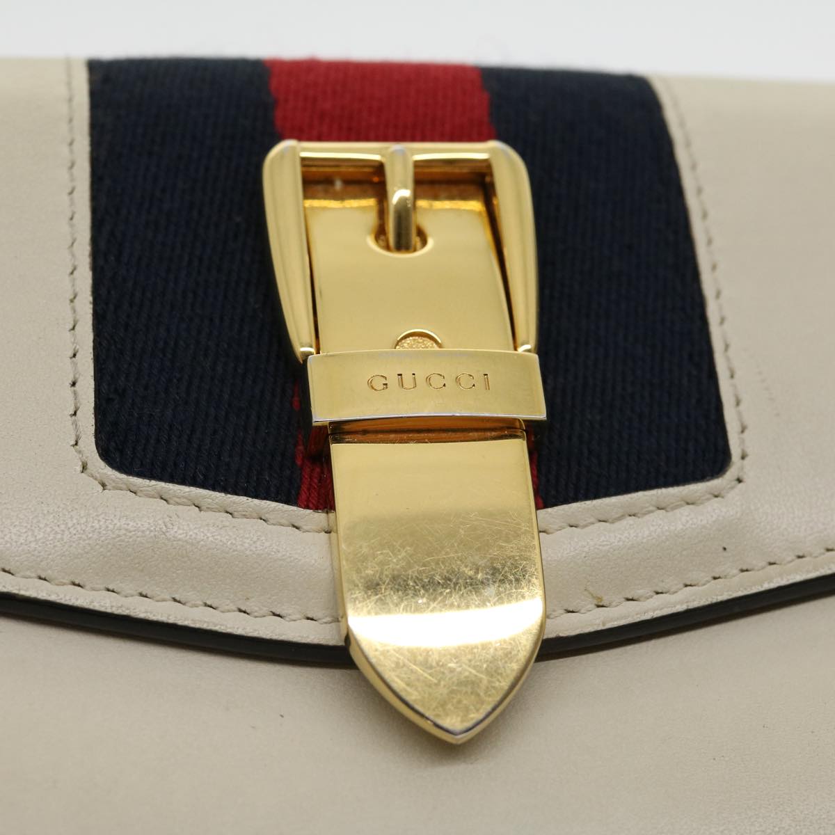 GUCCI Sylvie Continental Wallet Sherry Line Leather Beige Navy Red 31004A