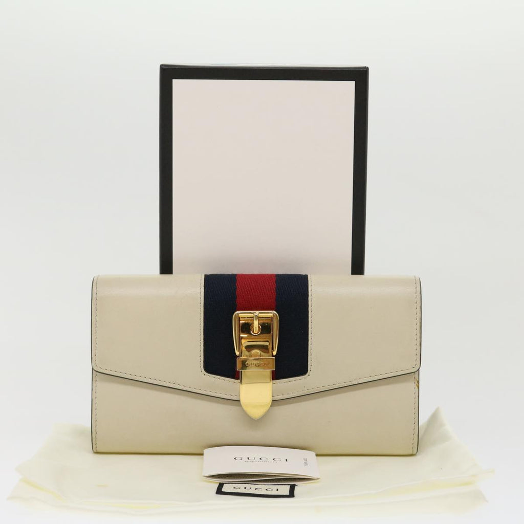 GUCCI Sylvie Continental Wallet Sherry Line Leather Beige Navy Red 31004A