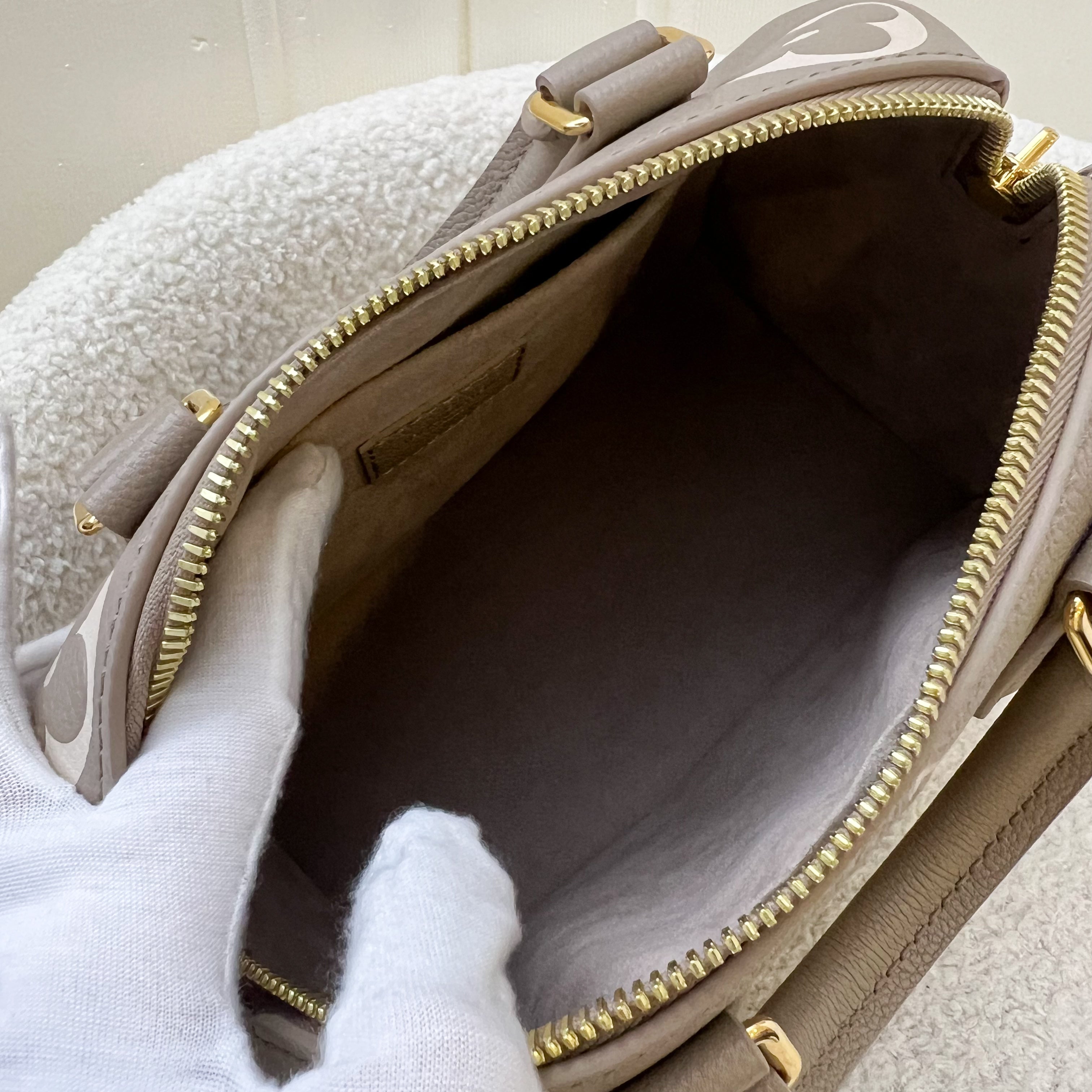 LV Speedy Bandouliere 20 in Tourterelle Giant Monogram Empreinte Leather and GHW