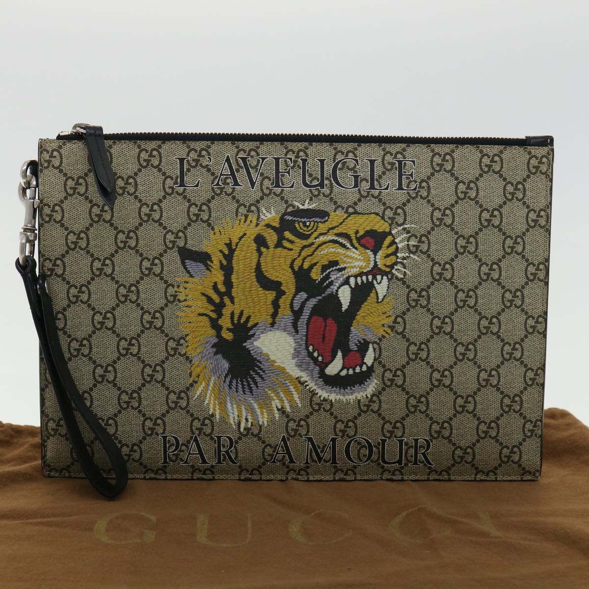 GUCCI GG Supreme Tiger Clutch Bag PVC Leather Gray 473904 31726