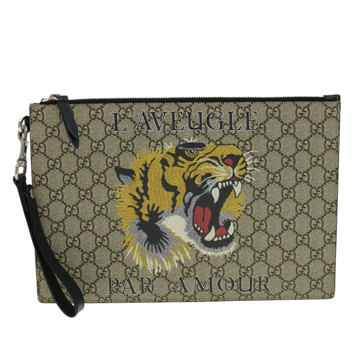 GUCCI GG Supreme Tiger Clutch Bag PVC Leather Gray 473904 31726