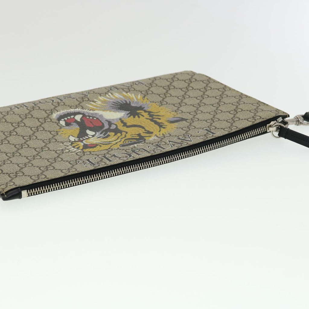 GUCCI GG Supreme Tiger Clutch Bag PVC Leather Gray 473904 31726