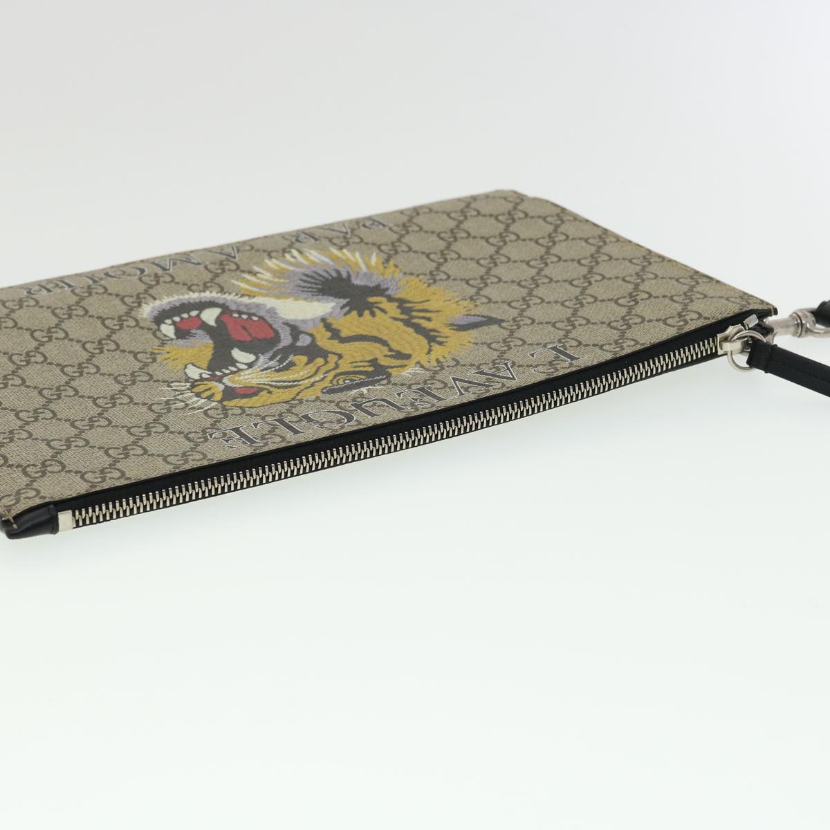 GUCCI GG Supreme Tiger Clutch Bag PVC Leather Gray 473904 31726