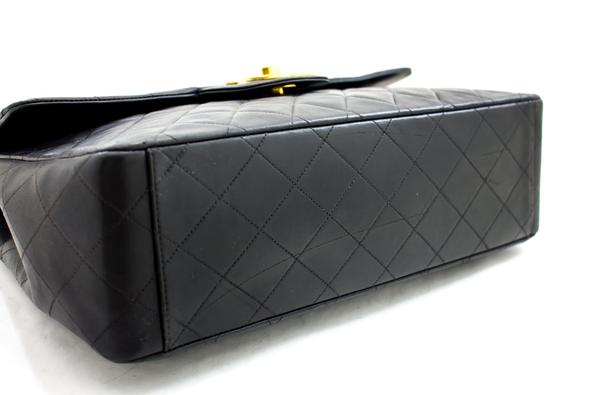 CHANEL Jumbo 13" 2.55 Flap Chain Shoulder Bag Black Lambskin Large g83