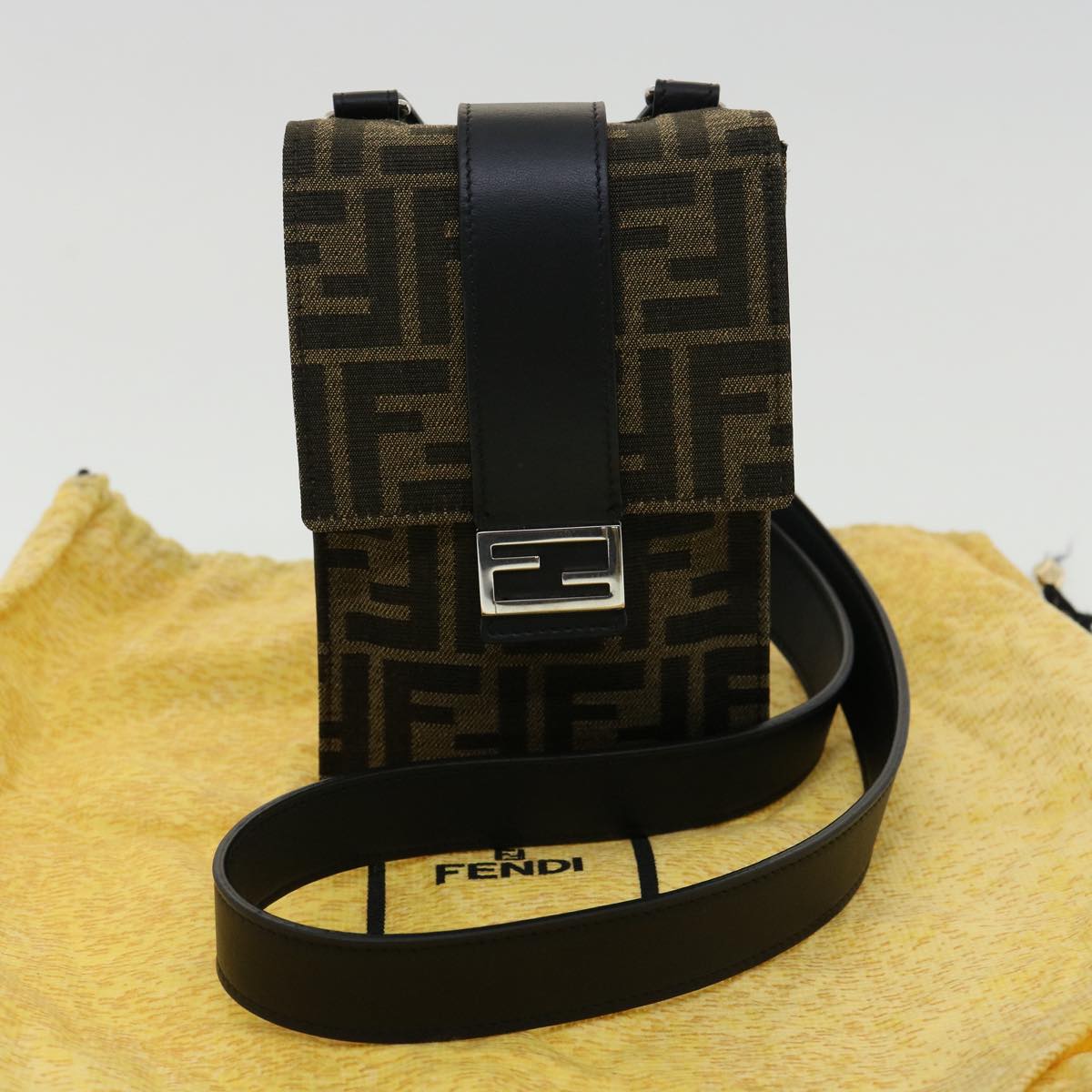 FENDI Zucca Canvas Shoulder Bag Brown Black 31851A