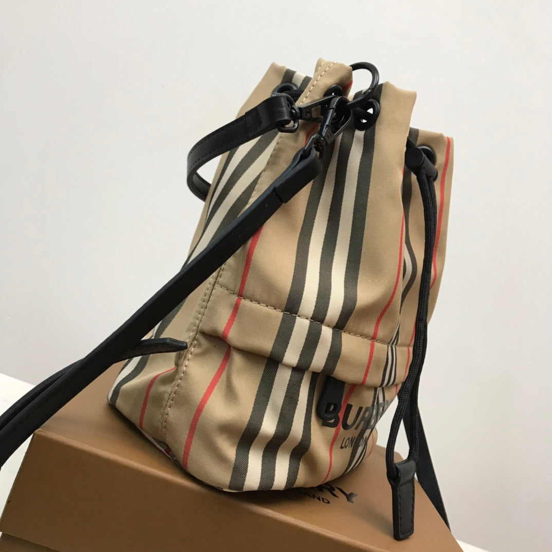 GLAMI Icon Stripe Nylon Drawcord Pouch Archive Beige For Women, Bags 7.7in/19.5cm