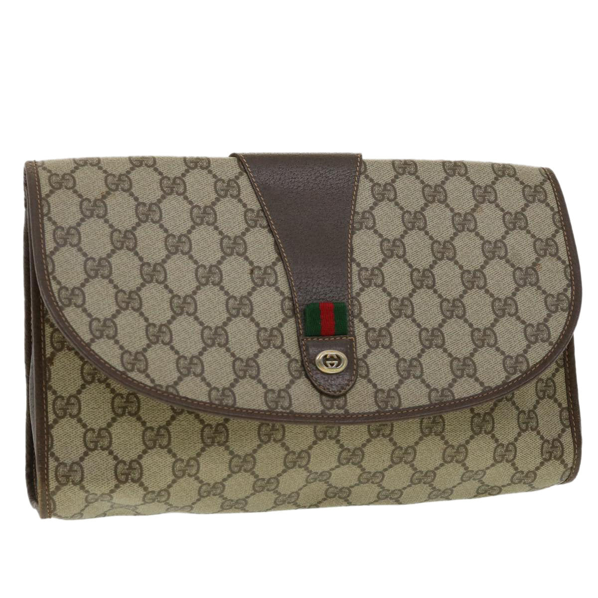 GUCCI GG Canvas Web Sherry Line Clutch Bag Beige Red Green 15601031 32362