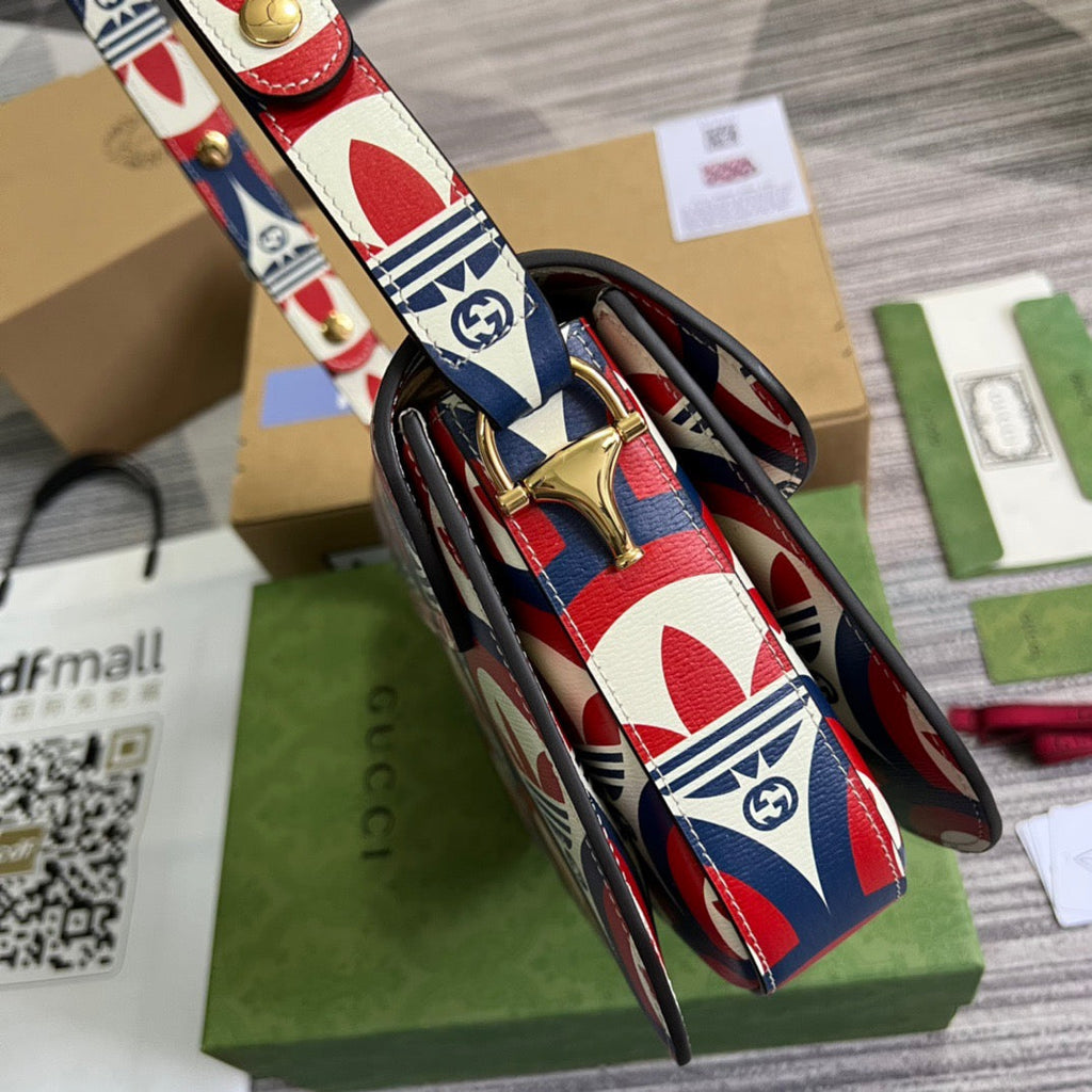 gg x Adidas Horsebit 1955 Shoulder Bag Blue/Red For Women, Women’s Bags 9.8in/25cm gg 602204 UVG0G 4168