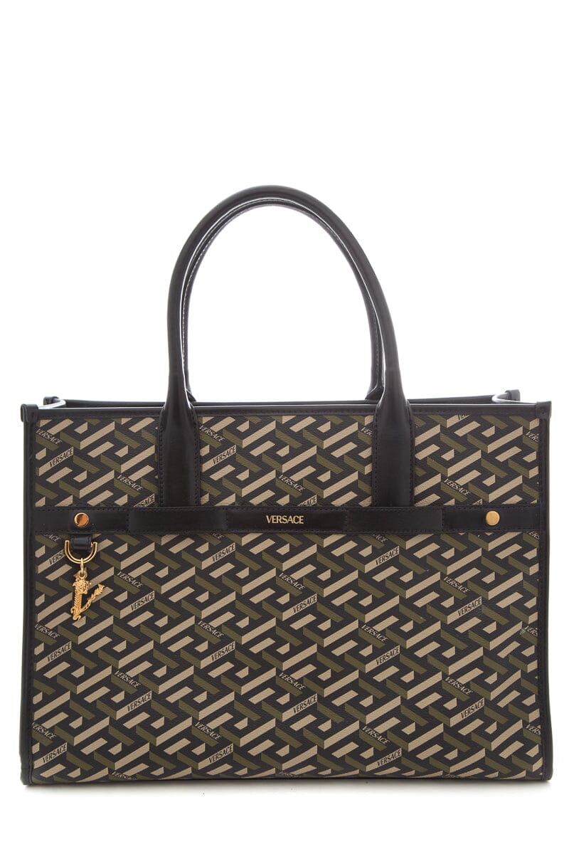Versace Green Top Handle La Greca Print Tote