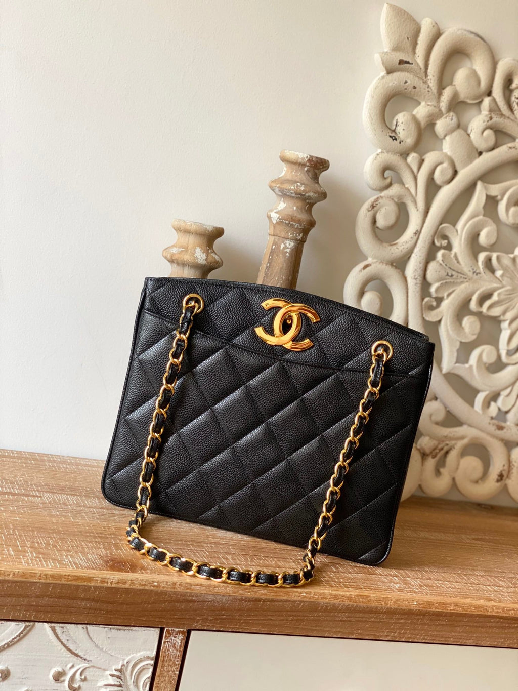 CHLVintage Black Medium Quilted Caviar Tote Bag For Women 28cm/11in