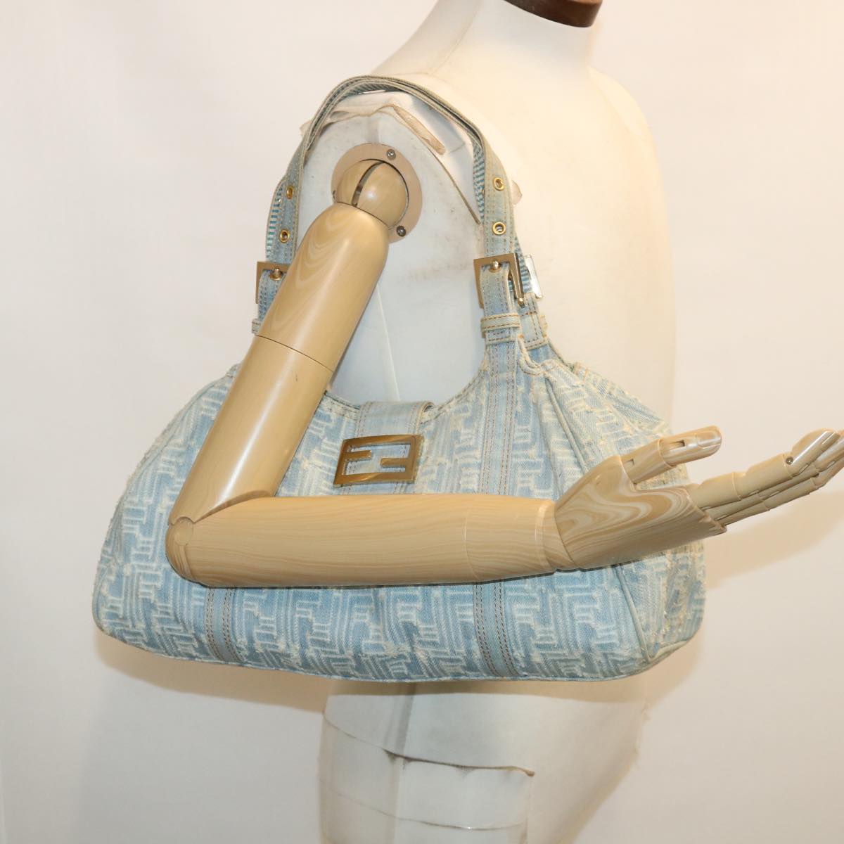 FENDI Zucca Canvas Shoulder Bag Denim Light Blue 33230