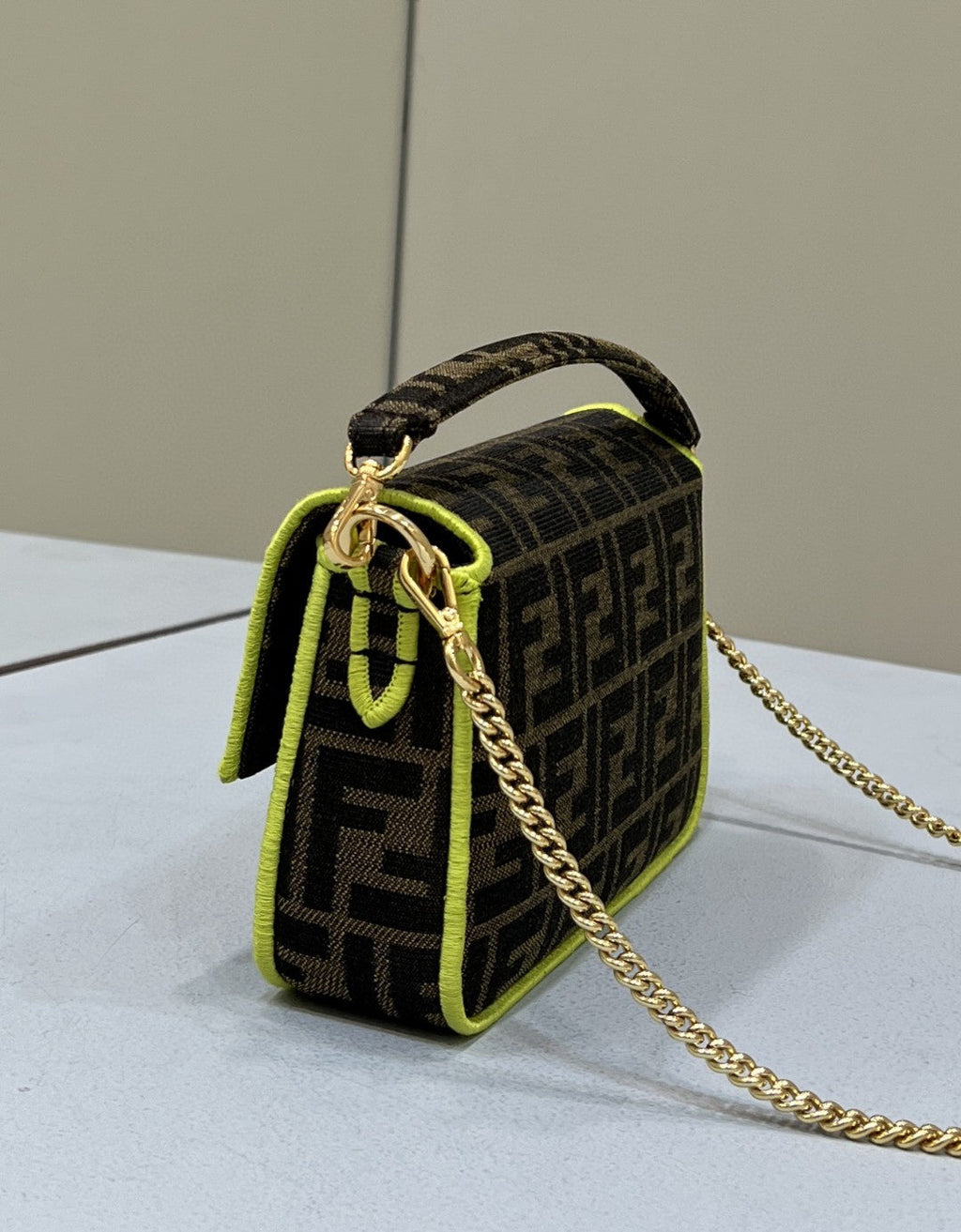 FI Baguette Small Brown Fabric Yellow Border Bag For Woman 18cm/7in