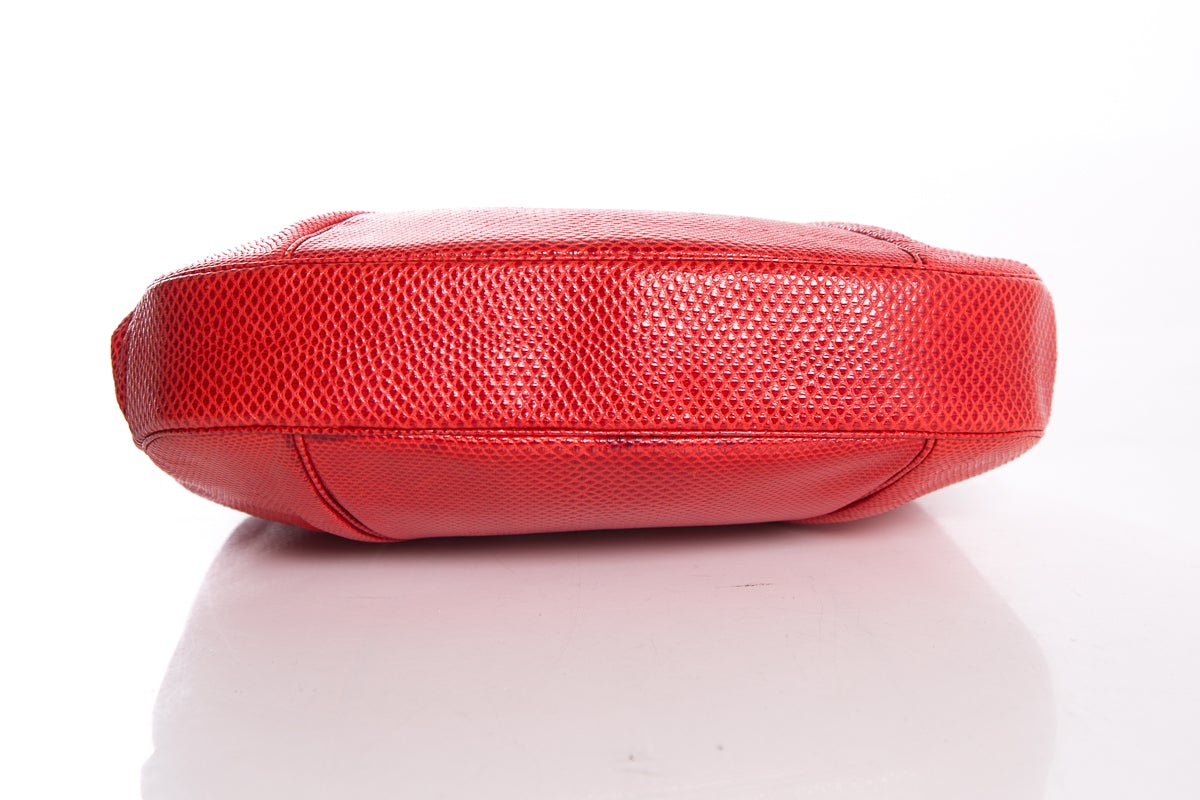 Judith Leiber Red Karung Snake Rose Quartz Clasp Clutch