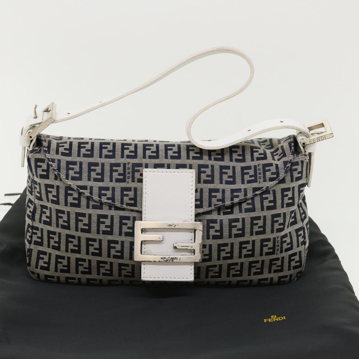 FENDI Zucchino Canvas Shoulder Bag Navy 34615