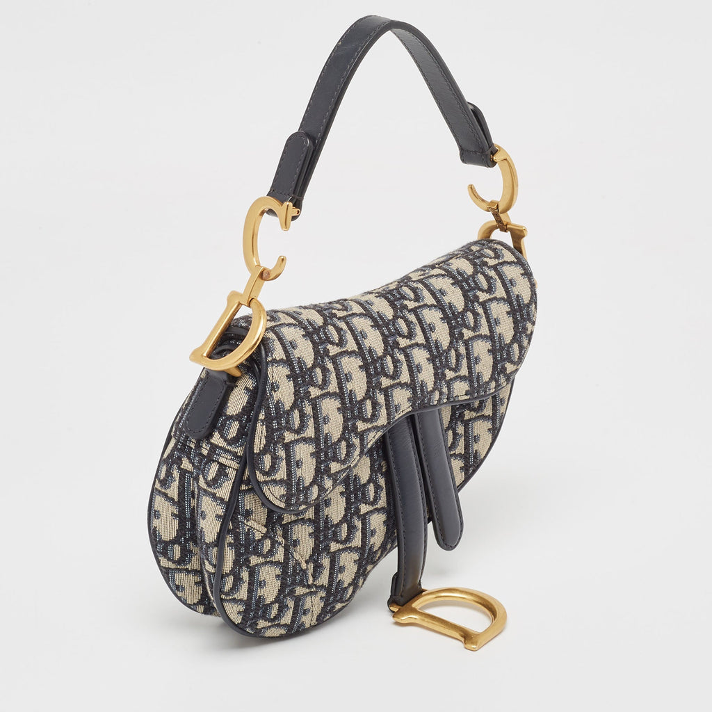 Dior Navy Blue Oblique Canvas And Leather Mini Saddle Bag