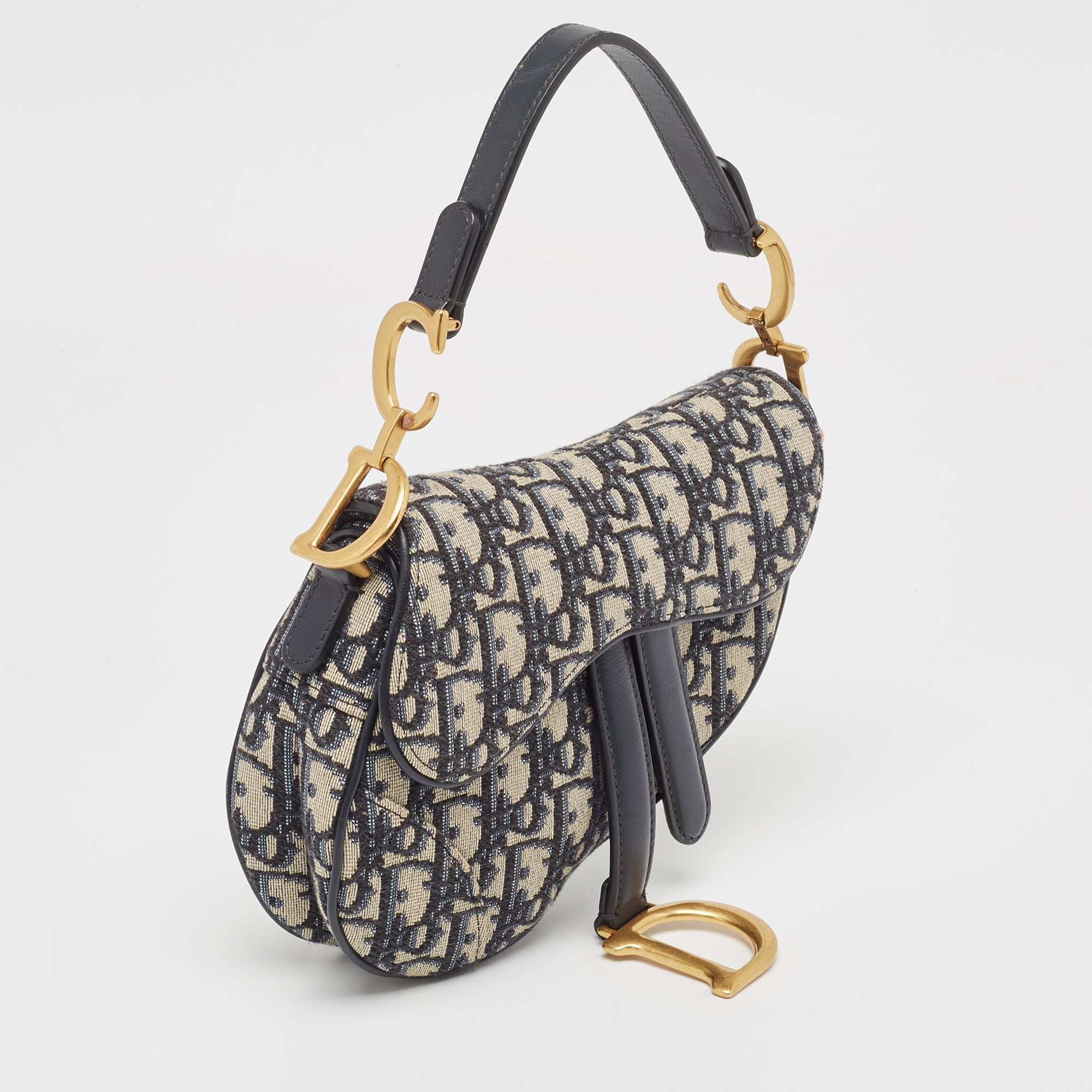 Dior Navy Blue Oblique Canvas And Leather Mini Saddle Bag