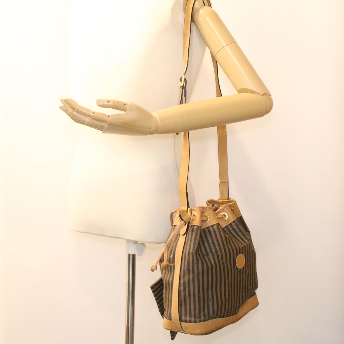 FENDI Pecan Canvas Shoulder Bag Khaki Black 35724