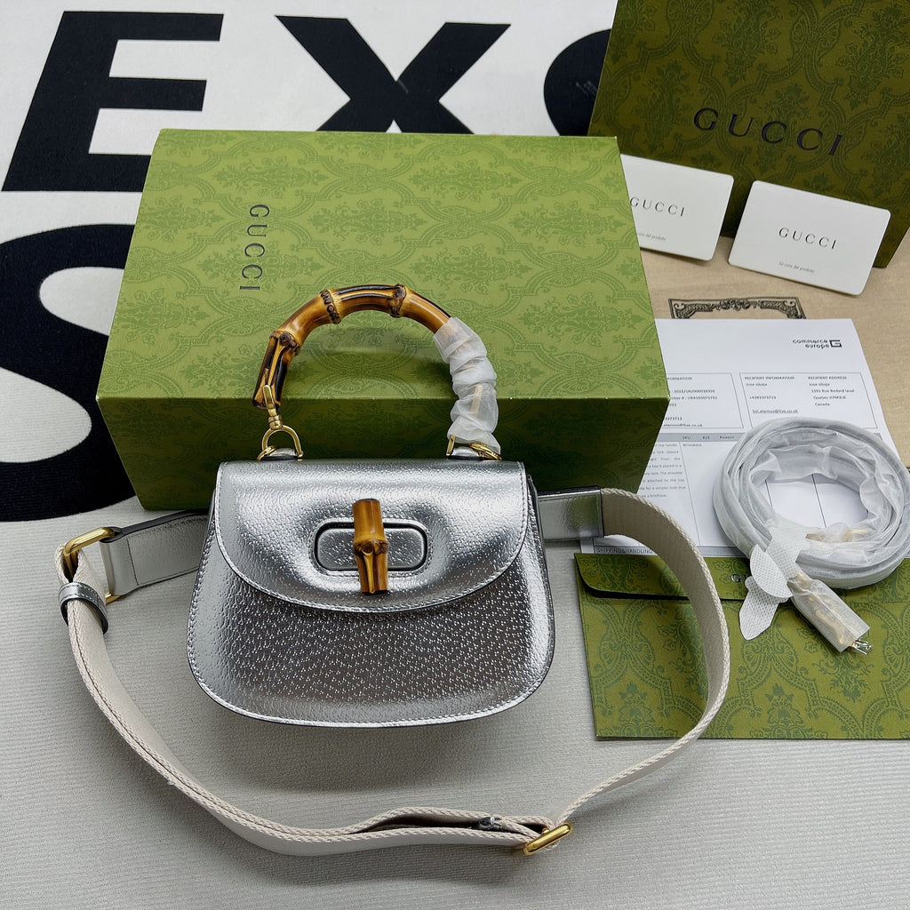 gg Bamboo 1947 Mini Top Handle Bag Silver For Women, Women’s Bags 6.7in/17cm gg