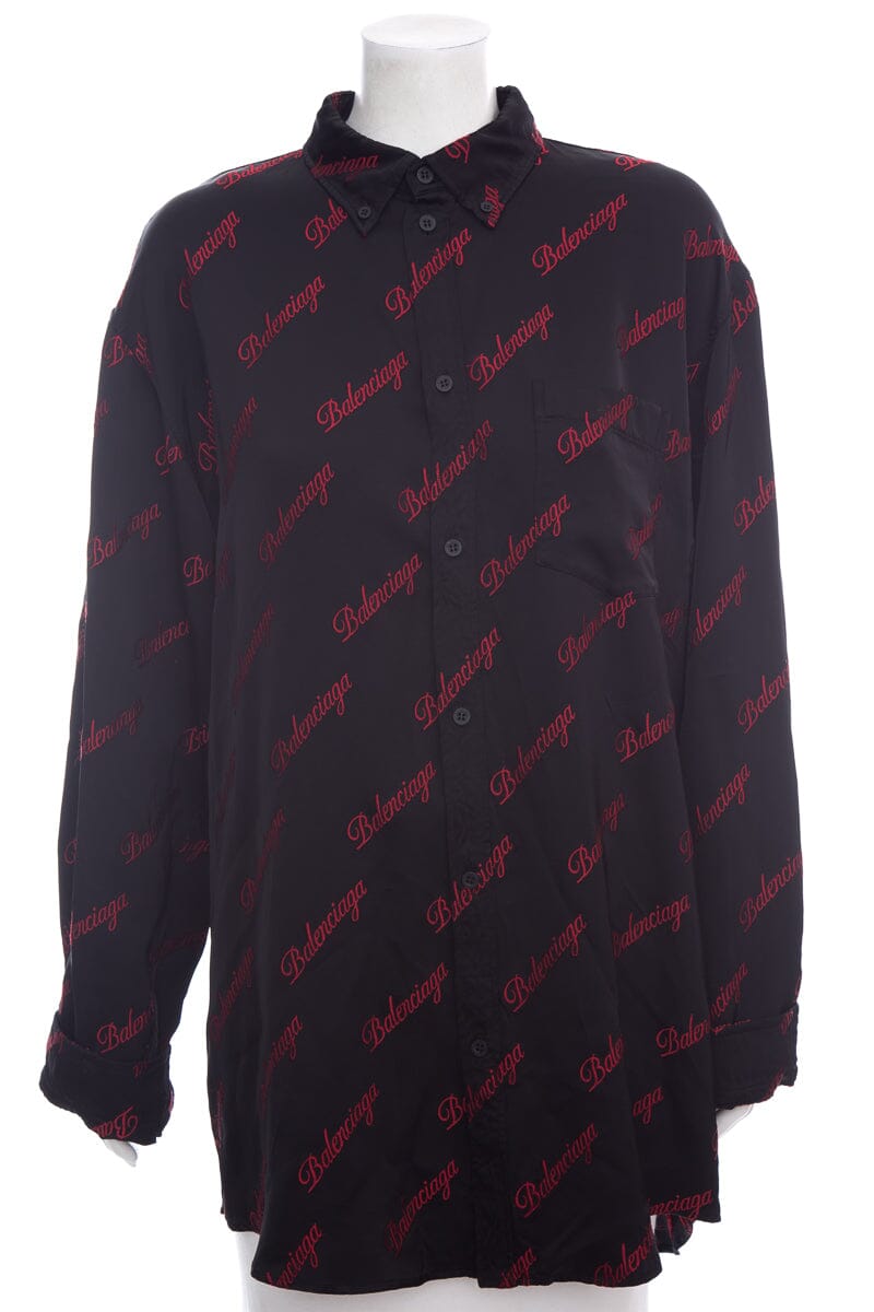 Balenciaga Black & Red Silk Long Sleeve Script Logo Blouse SZ 38 NWT