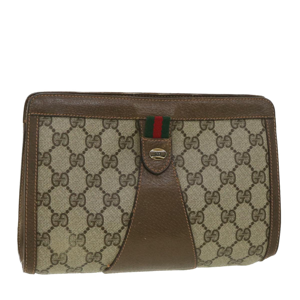 GUCCI Web Sherry Line GG Canvas Clutch Bag PVC Leather Beige Green 89 36430