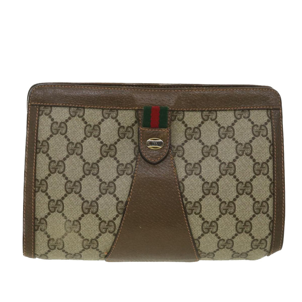 GUCCI Web Sherry Line GG Canvas Clutch Bag PVC Leather Beige Green 89 36430