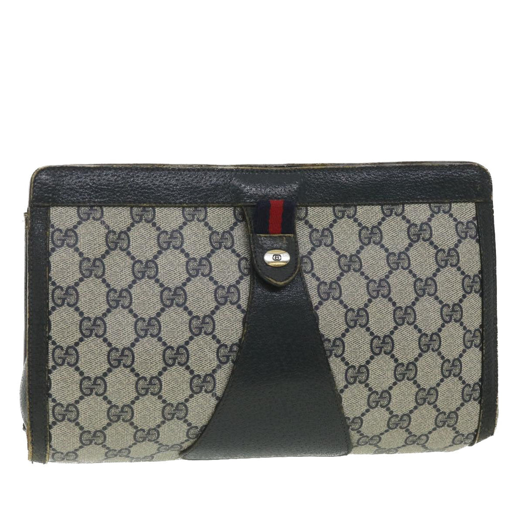 GUCCI Sherry Line GG Canvas Clutch Bag PVC Leather Navy Red 89 36432