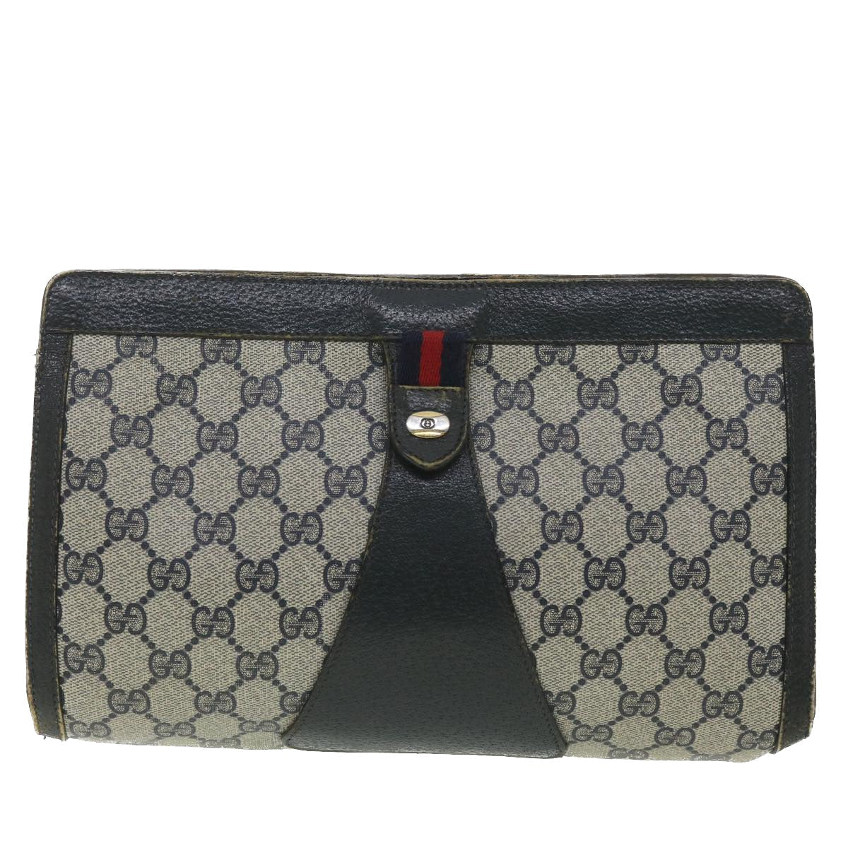 GUCCI Sherry Line GG Canvas Clutch Bag PVC Leather Navy Red 89 36432