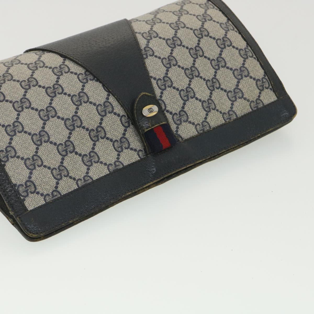 GUCCI Sherry Line GG Canvas Clutch Bag PVC Leather Navy Red 89 36432