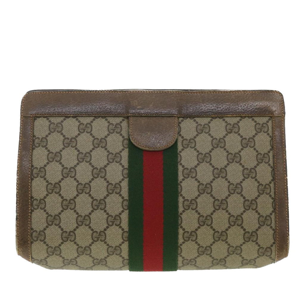 GUCCI Web Sherry Line GG Canvas Clutch Bag PVC Leather Beige Green 89 36433