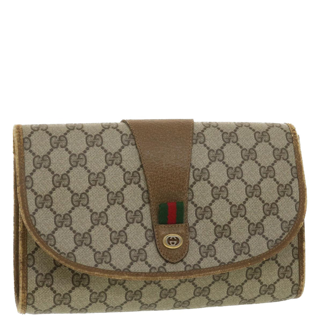 GUCCI Web Sherry Line GG Canvas Clutch Bag PVC Leather Beige Green 89 36492