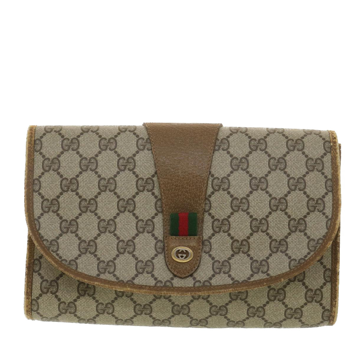 GUCCI Web Sherry Line GG Canvas Clutch Bag PVC Leather Beige Green 89 36492
