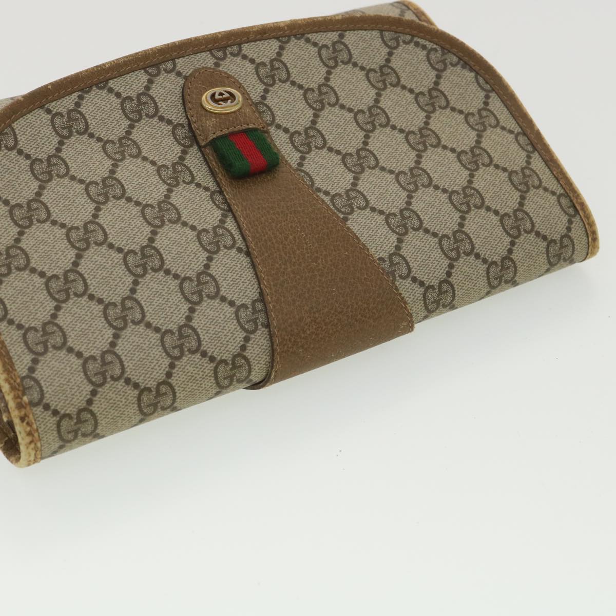 GUCCI Web Sherry Line GG Canvas Clutch Bag PVC Leather Beige Green 89 36492