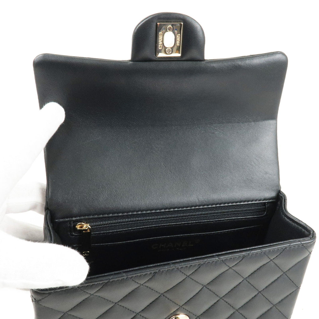 CHANEL Matelasse Lamb Skin Top Handle Mini Flap 2way Bag Black