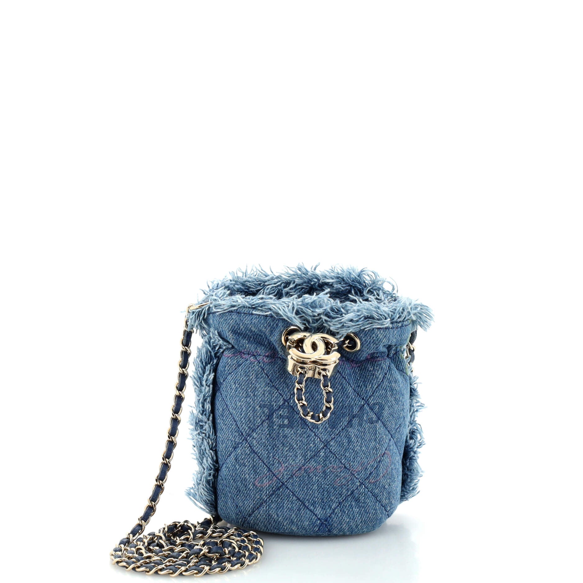 CHANEL Denim Mood Chain Bucket Bag Logo Printed Quilted Fringe Denim Mini