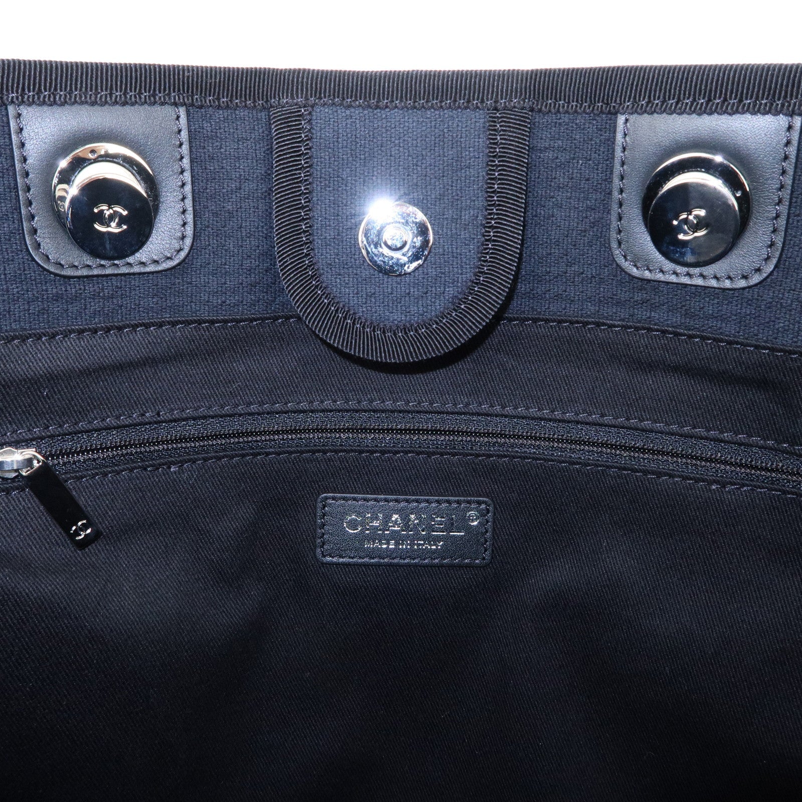 CHANEL Deauville Canvas Leather Chain Tote Bag Black A67001
