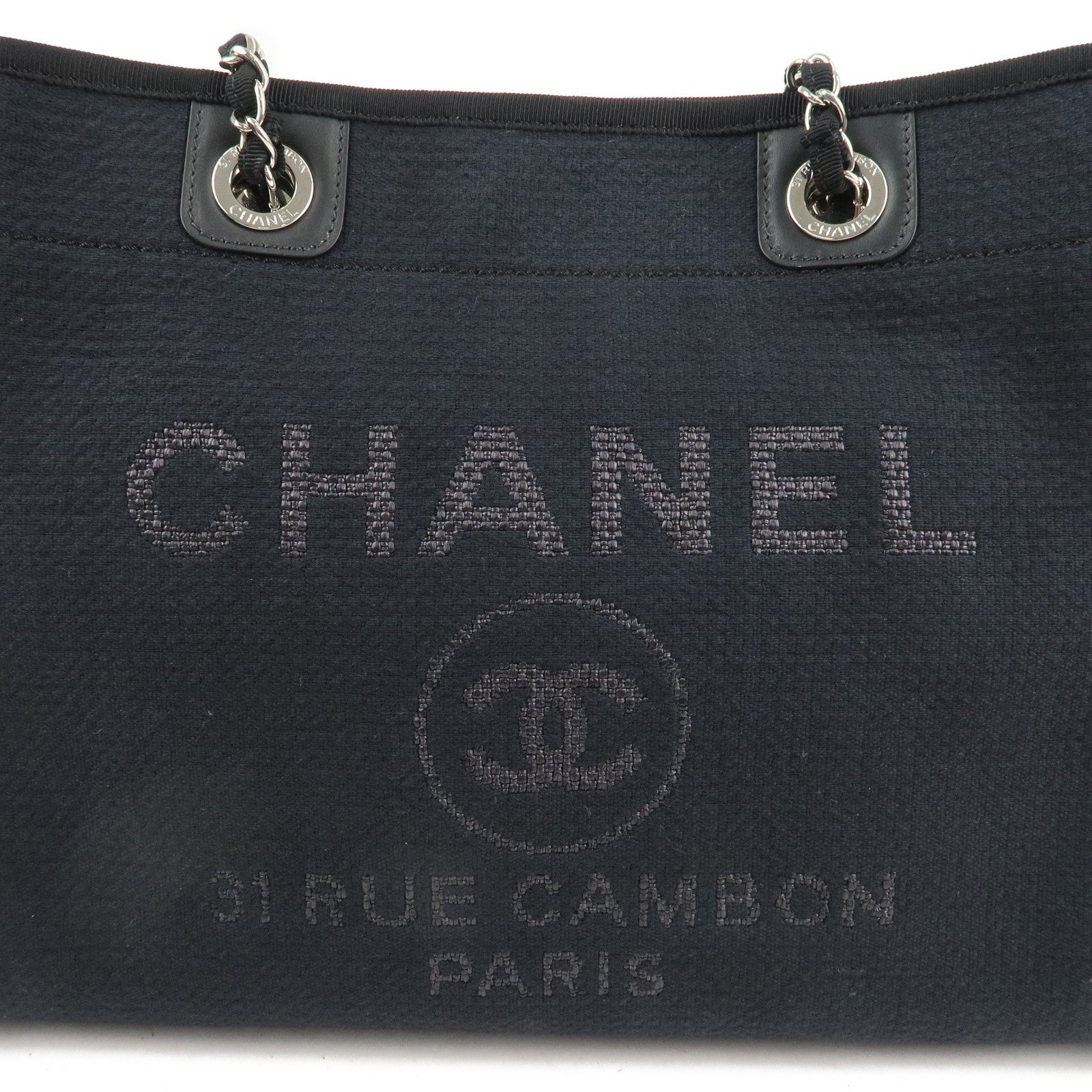 CHANEL Deauville Canvas Leather Chain Tote Bag Black A67001