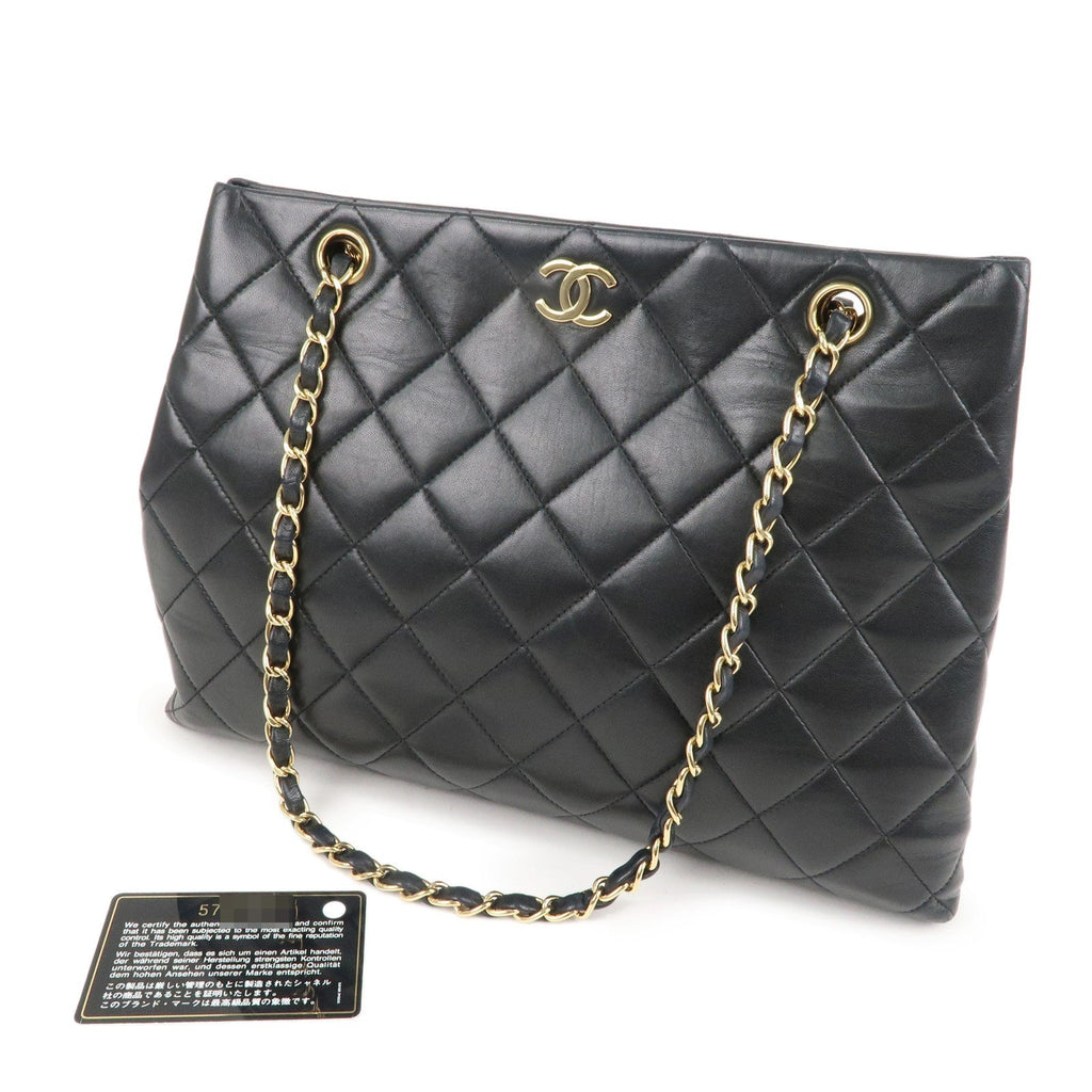 CHANEL Matelasse Lamb Skin Chain Tote Bag Black Gold HDW